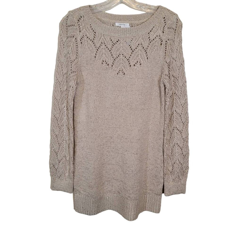 Maurices Women's Pullover Open Knit Long Line Sweater Cream w/Gold Size XS